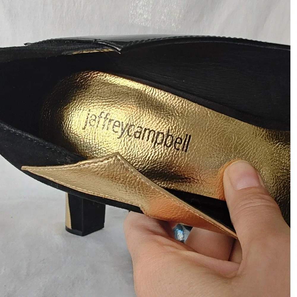 Jeffrey Campbell Bad Girl Platform Pumps Black Gold Metallic Peep Toe Heel 9